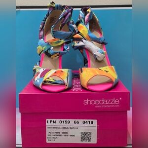 ShoeDazzle Ambelin Women Sandal- Floral Open Toe Ankle Wrap Stiletto Shoe Sz 9.5